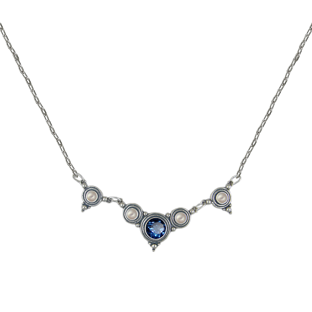 Sterling Silver Gemstone Necklace With Siberian Blue Quartz And Cultured Freshwater Pearl